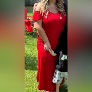 Women's V Neck Cold Shoulder Maxi Dress with Pockets